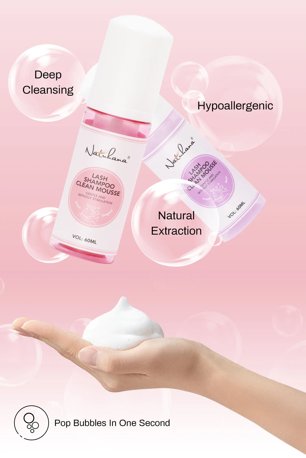 Natuhana 60ml Шампоан-мус за удължаване на мигли – Пяна за почистване на изкуствени мигли, нежен и недразнещ инструмент за грим